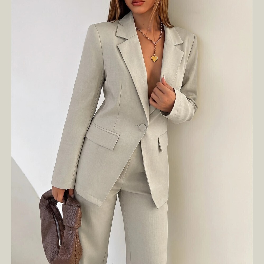Tan Notched Lapel Blazer and Wide Leg Trouser Two Piece Set